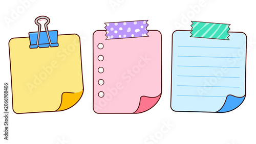 Colorful cartoon sticky note set with clip and tape