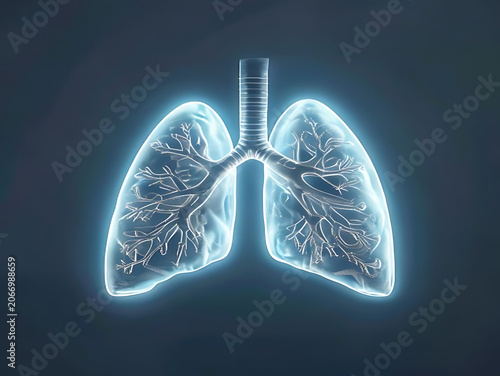 3D rendered transparent lungs with bronchial tubes visible.