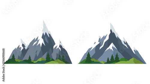 Schilderij op canvas Snowcapped mountain range with pine trees flat vector illustration