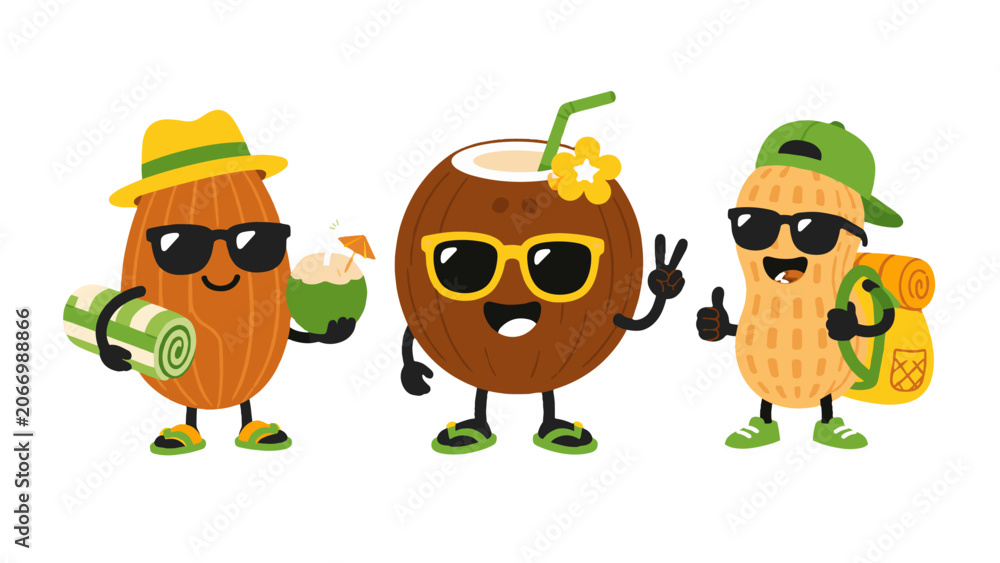 Obraz premium Cartoon nut characters with beach accessories and coconut drink