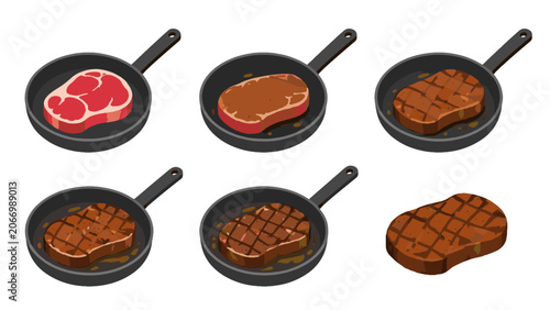 Bild auf Leinwand Vector set of steak cooking stages in frying pans