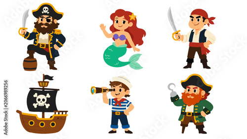Tableau sur toile Cute pirate, mermaid, sailor and ship cartoon character set
