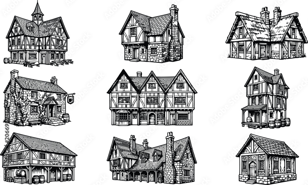 Fototapeta premium Traditional european timber frame architecture set featuring historical medieval houses in detailed engraving style