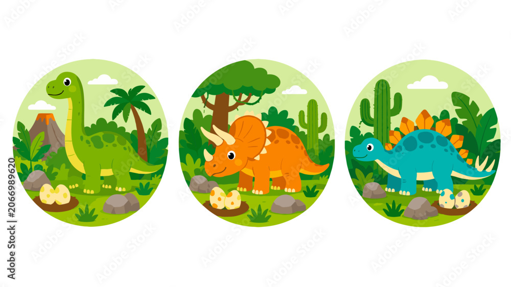 Fototapeta premium Cartoon dinosaur trio with eggs in lush round jungle scenes