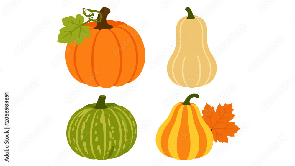 Naklejka premium Cartoon pumpkins and squash with autumn leaves set