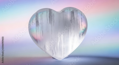 A beautiful heart-shaped white selenite crystal sits on a soft blurred background, symbolizing pure love, spiritual healing, and peace, esoteric, cleansing, craft