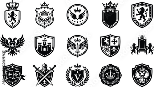 Tablou pe pânză Heraldic crests collection black silhouette emblems of royalty nobility and hist