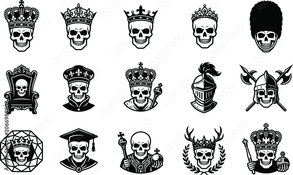 Φωτογραφία Silhouette of skulls wearing crowns and royal regalia in black and white