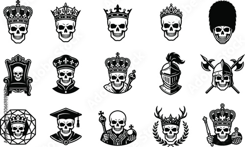 Obraz na plátně Silhouette of skulls wearing crowns and royal regalia in black and white