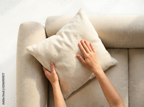 Hands holding white fabric cloth bundle neatly.