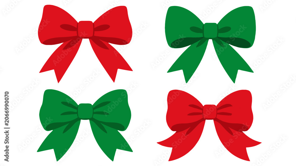 Fototapeta premium Set of red and green ribbon bows on white background