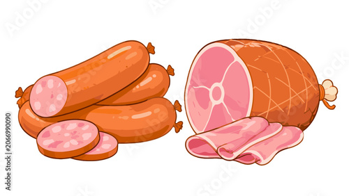 Bild auf Leinwand Cartoon sausages and sliced ham isolated vector illustration