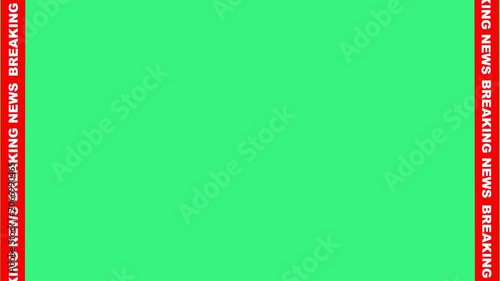 Green screen rectangular overlay background template red vertical borders white breaking news text repeated. Suitable for news websites, social media posts, and presentations.