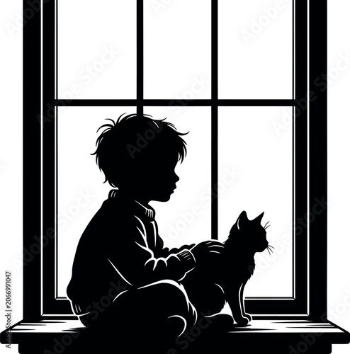 Foto Boy sitting with cat on windowsill