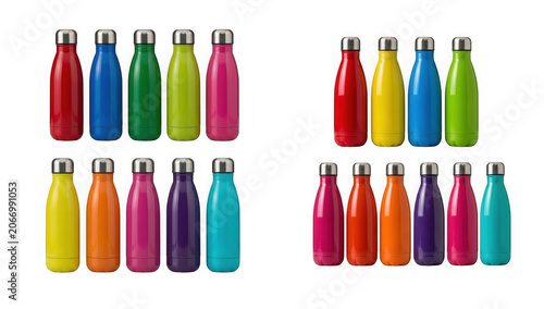 Set of colorful reusable stainless steel water bottles isolated on transparent background