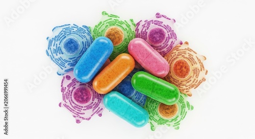 Colorful microscopic view showing medicinal pills and organic biological cell structures in vibrant shades of blue, orange, pink, and green, medication, compound, biotechnology