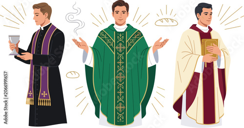 Photos Christian Catholic Priest Character Vector Set Celebrating Mass Liturgy Wearing