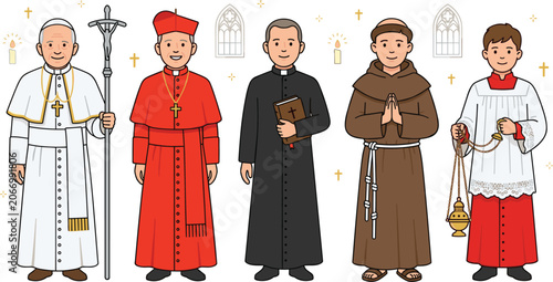 Quadro su tela Catholic Clergy Character Vector Set with Pope Cardinal Priest Monk and Altar Se