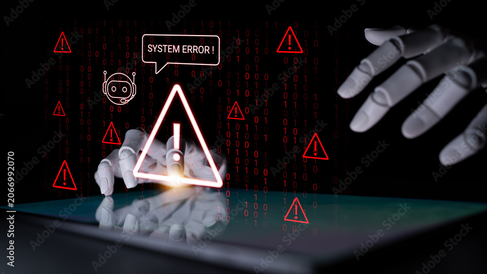 Foto A digital scene depicting a robotic hand interacting with a tablet screen, showcasing a system error message against a backdrop of binary code, highlighting technology challenges