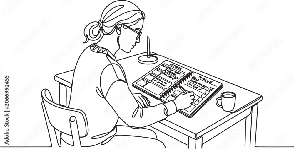 Fototapeta premium woman sitting at a desk writing in a notebook with a cup of coffee