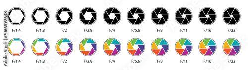 Camera shutter aperture icon set, Black and color lens diaphragm symbols with f stop values from F1.4 to F22 for photography, exposure and lens settings, Vector illustration