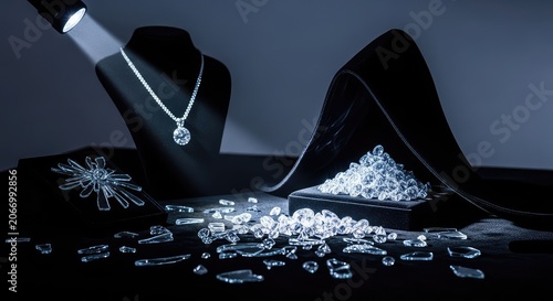 Shattered glass on velvet jewelry displays at night as a flashlight beam and a hooded shadow fall over scattered diamonds in a dark room, shattered, beam, flashlight