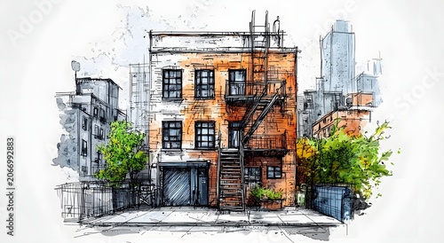 Historic and contemporary architecture blended in refined skyline sketch photo