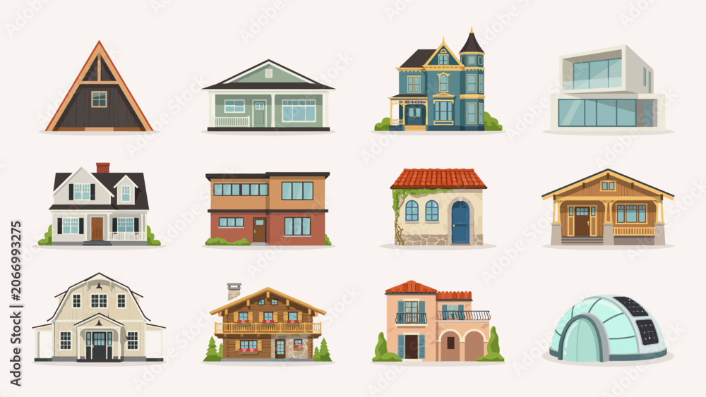 Fototapeta premium Set of twelve different style house vector illustrations for real estate or design projects . Vector Flat Illustration.