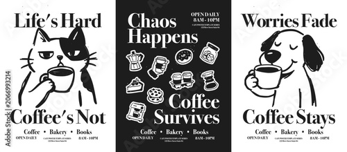 Funny coffee quote posters set with hand drawn black white cat and dog characters for coffee shop or cafe wall art print. Vector illustration