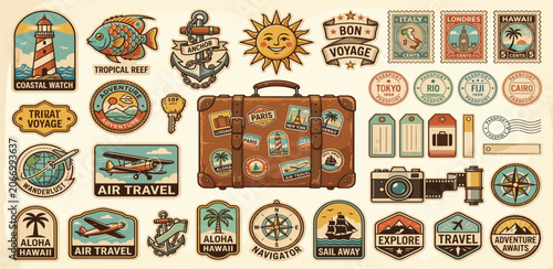 Travel journey stickers in retro cartoon style. Vintage stamp elements: suitcase, lighthouse, fish, anchor, sun, bon voyage labels, decorative frames. Vacation and adventure concept 