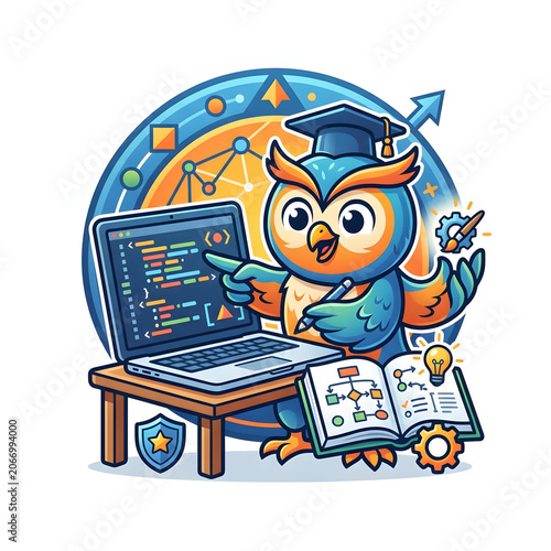 Cartoon character using a laptop for work or study.