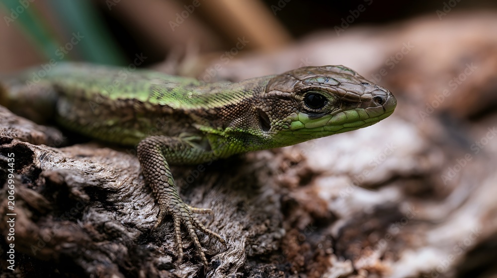 Obraz premium An adorable and mischievous lizard rests peacefully on a log inside a cozy home setting