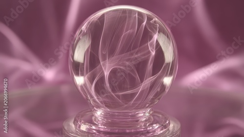 Mystical Crystal Ball: A transparent crystal ball filled with swirling, ethereal pink smoke sits on a decorative base, hinting at magic, mystery, and the unknown.