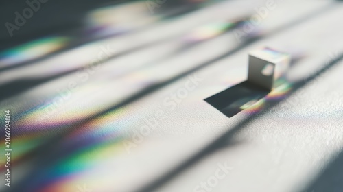 Light Refraction Abstract: A small cube casts a sharp shadow, intersected by vibrant spectrums of light refracting across a textured surface, creating an abstract and artistic composition.