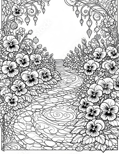 Intricate black and white floral scene with flowing river, hanging lanterns, and decorative border for coloring or artistic design