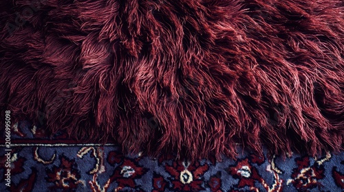 Rich Texture of Burgundy Faux Fur and Oriental Rug: A close-up shot showcasing the opulent texture of deep burgundy faux fur draped over a portion of an intricately patterned oriental rug.