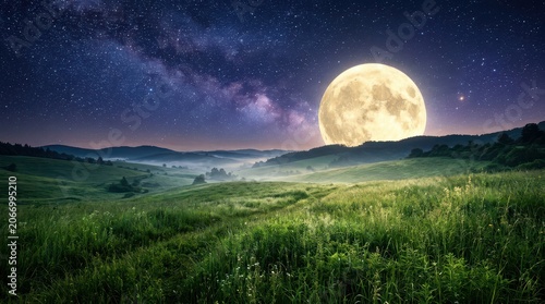Gigantic full moon rising over serene grassy field with distant mountains night