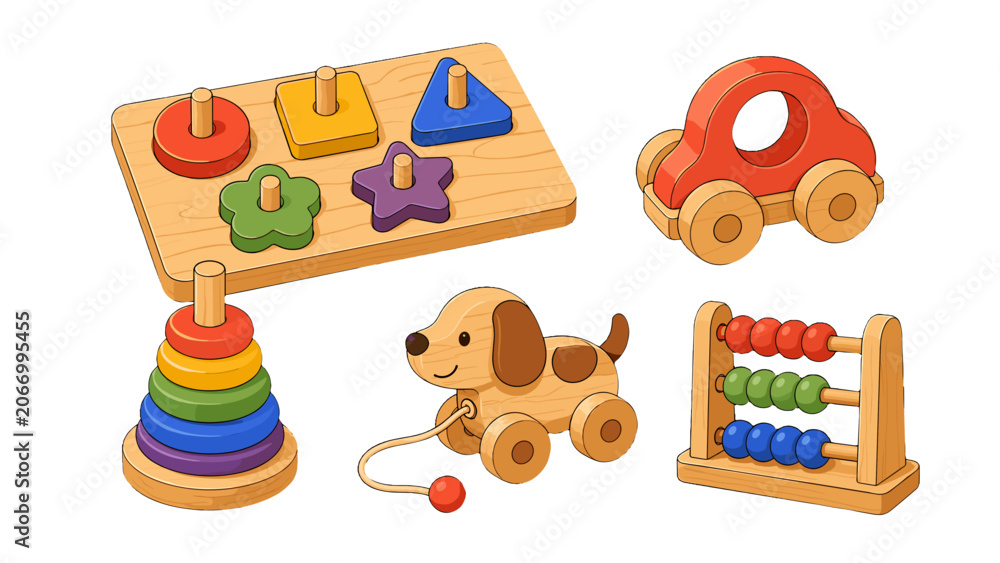 Fototapeta premium Cartoon wooden educational toys set isolated on white background