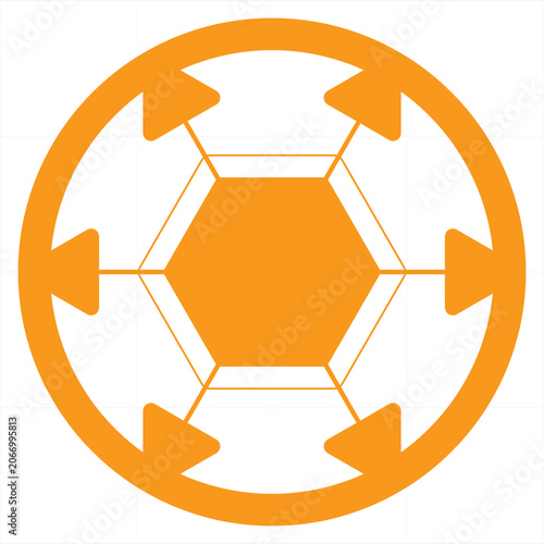 Fotografi Orange hexagon symbol with six inward pointing arrows in a circle