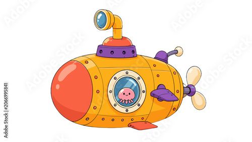 Konstfotografi Cute cartoon yellow submarine with octopus in porthole