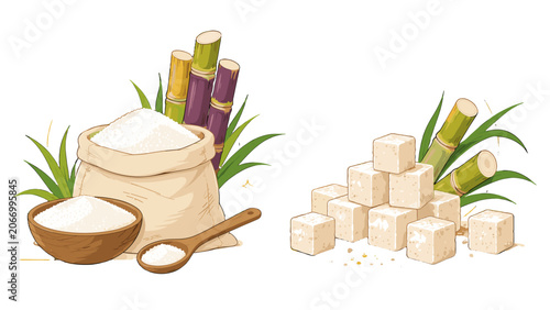 Fotografia Sugar cane with granulated sugar and sugar cubes vector set