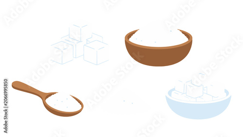 Photos Cartoon sugar cubes and granulated sugar in bowl and spoon