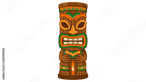 Tableau sur toile Cartoon wooden totem idol with carved face vector illustration