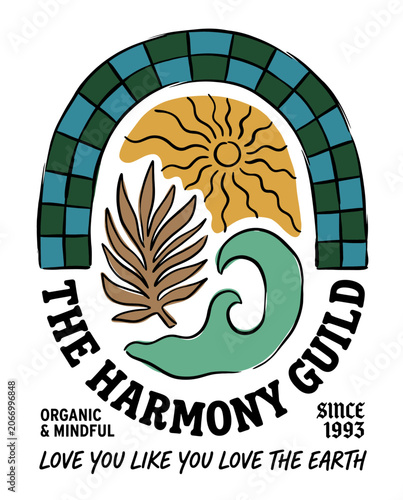 Vintage graphic badge featuring The Harmony Guild text with organic and mindful messaging, showcasing a stylized sun, tropical palm leaf, and ocean wave within a blue checkered arch.
