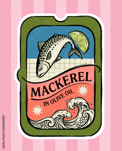 Vintage illustration of a canned mackerel label in olive oil featuring a jumping fish, stylized ocean waves, and a lime slice on a pink striped background with a retro sticker aesthetic.