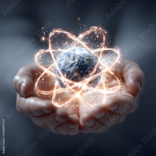 Human hands presenting radiant globe with bright energy picture