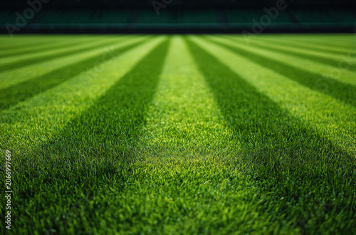 A low angle view of a perfectly manicured green grass field with alternating light and dark stripes, typical of a sports stadium pitch