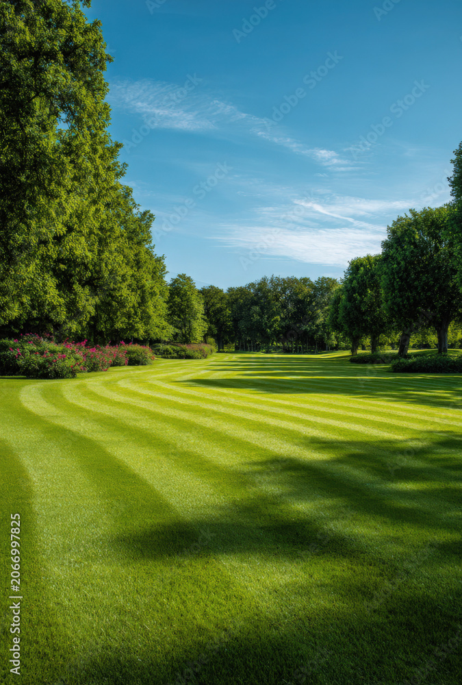 Obraz premium A lush green field with perfectly mown grass stripes leading towards a line of dense green trees under a clear blue sky on a sunny summer day