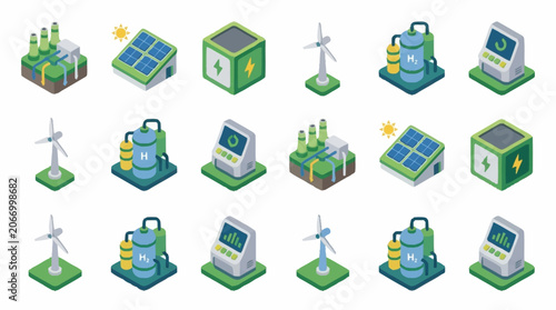 Isometric Green Energy Technology Icons Set.