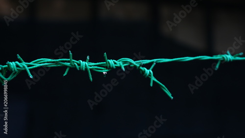 Obraz na plátně Green barbed wire fence with sharp metal spikes forming a security barrier
